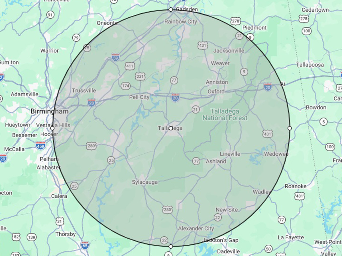 Wolf Plumbing Services East-Central Alabama Service Area Map